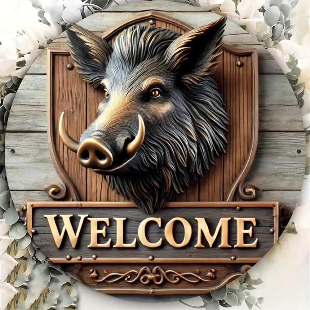 Boar Welcome Round Metal Sign - Image 3